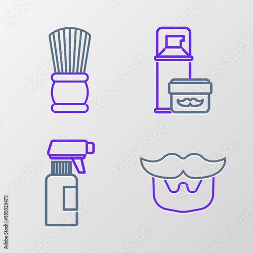 Set line Mustache and beard, Hairdresser pistol spray bottle, Shaving gel foam and brush icon. Vector