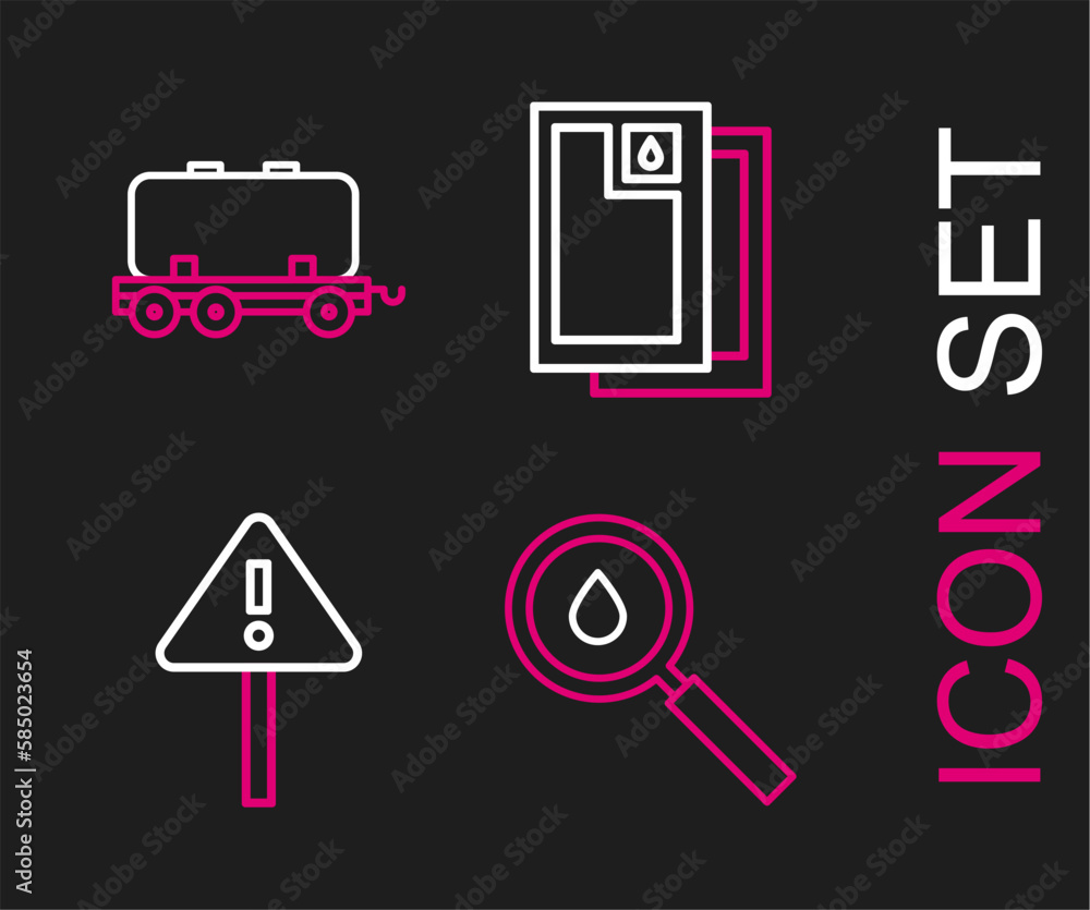 Set line Oil drop, Exclamation mark in triangle, Barrel oil and railway cistern icon. Vector Set line Oil drop, Exclamation mark in triangle, Barrel oil and railway cistern icon. Vector