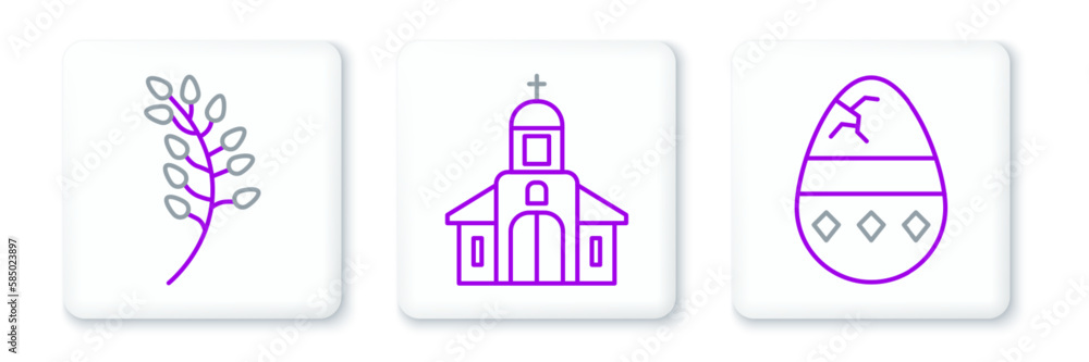 Set line Cracked egg, Willow leaf and Church building icon. Vector