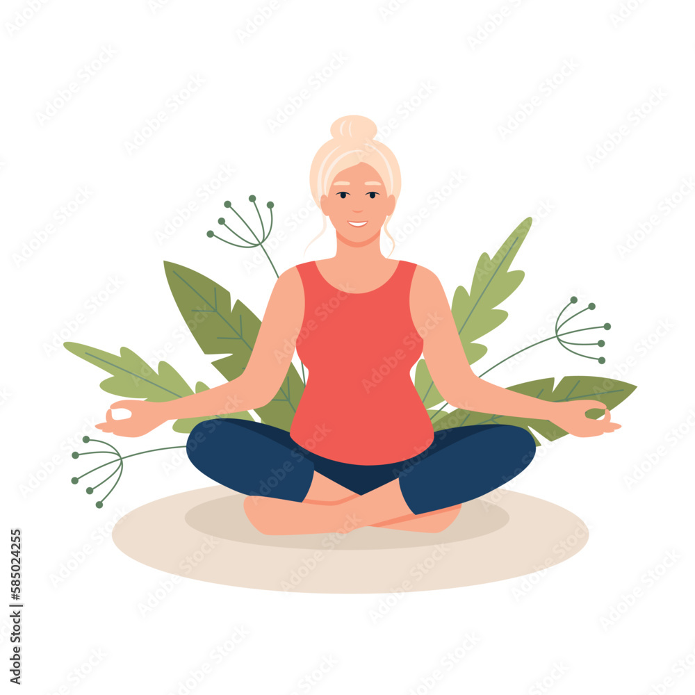 White hair woman siting in meditating pose in nature and leaves. Yoga, meditation, relax, retreat, healthy lifestyle concept. Vector illustration in flat cartoon style White hair woman siting in meditating pose in nature and leaves. Yoga, meditation, relax, retreat, healthy lifestyle concept. Vector illustration in flat cartoon style