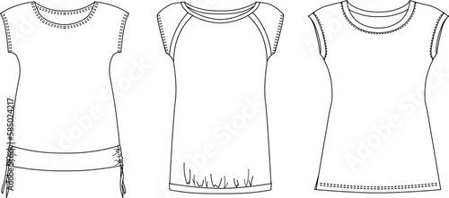 Woman dresses, shirts and tunics technical drawing, template, sketch, flat, mock up. Jersey or woven fabric dress front view, white color