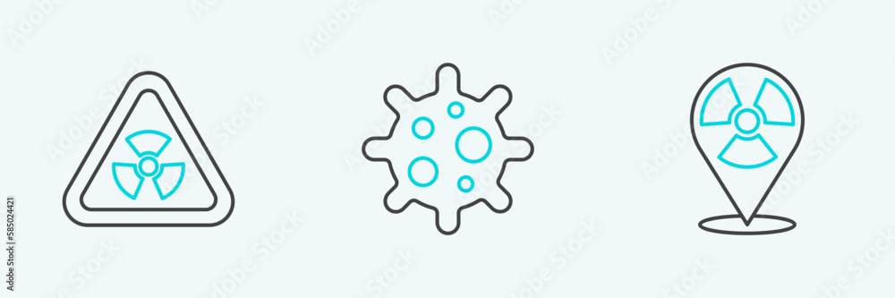 Set line Radioactive in location, Triangle with radiation and Virus icon. Vector Set line Radioactive in location, Triangle with radiation and Virus icon. Vector
