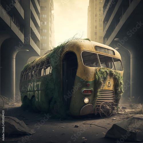 Overgrown mutated Green Bus in lost a abandoned city photo