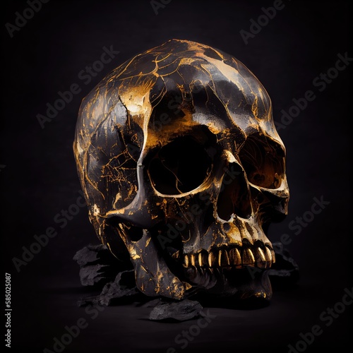 Gold Black Skull, Gothic Human Skeleton Face, Luxury Skull on Dark Background, Generative AI Illustration