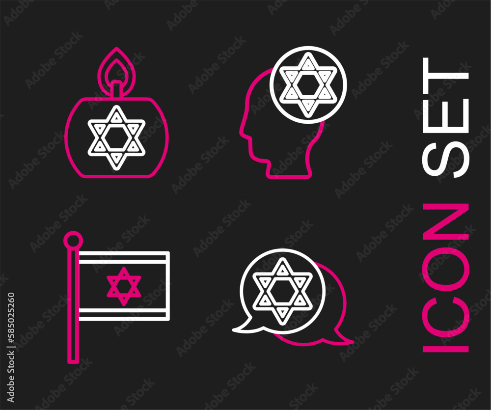 Set line Star of David, Flag Israel, Orthodox jewish hat and Burning candle icon. Vector Set line Star of David, Flag Israel, Orthodox jewish hat and Burning candle icon. Vector