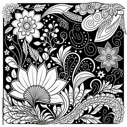 Flower Coloring Book, Black White Line Mandala, Coloring Flower, Abstract Generative AI Illustration