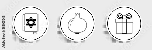 Set line Gift box, Jewish torah book and Pomegranate icon. Vector
