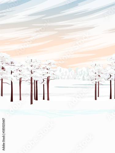 Winter vertical landscape with pine forest on the horizon. Realistic vector landscape