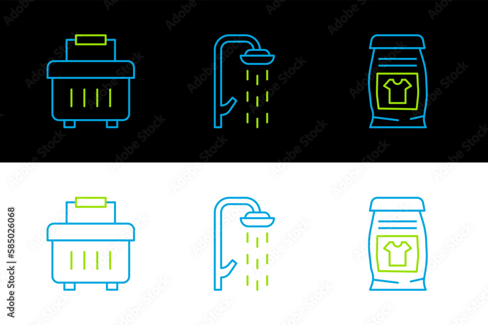 Set line Laundry detergent, Toolbox and Shower icon. Vector Set line Laundry detergent, Toolbox and Shower icon. Vector