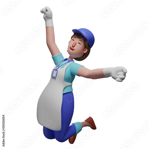 Adorable Waiter 3D Cartoon Character sharing his happy feeling, 3D Waiter character drawing with jumping pose, 3D Waiter cartoon character with funny facial expression