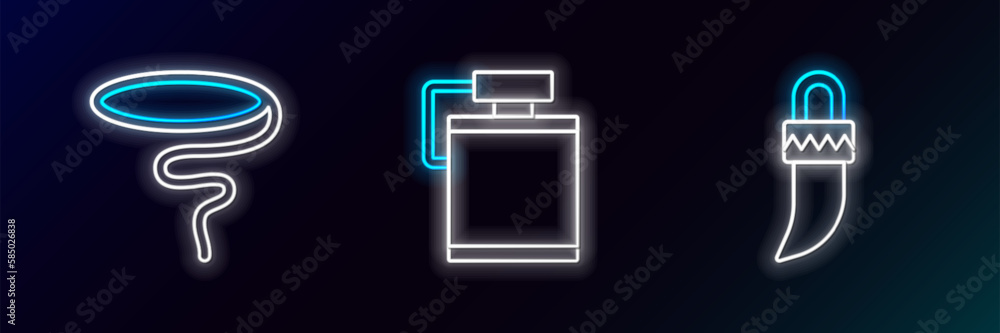 Set line Tooth, Lasso and Canteen water bottle icon. Glowing neon. Vector Set line Tooth, Lasso and Canteen water bottle icon. Glowing neon. Vector