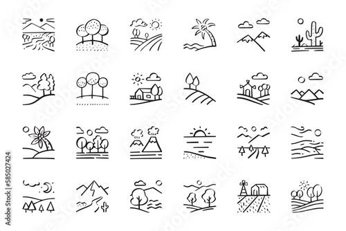 landscape outline doodle icon set