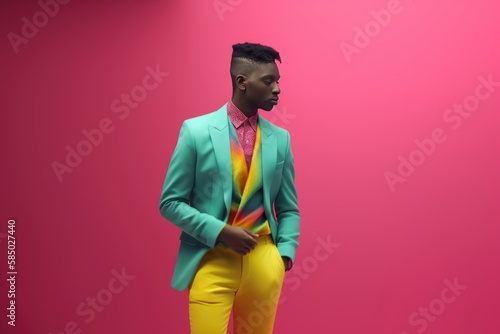 Fictional (AI) black queer person in business attire, non-binary, androgynous, transgender, gay or lesbian student or co-worker, pride month banner, coming out day, International Fun at Work Day  photo