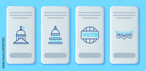 Set line White House, Vote, and Carnival garland with flags icon. Vector