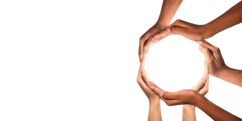 Conceptual symbol of multiracial human hands making a circle on transparent background. with a copy space in the middle. The concept of unity, cooperation, partnership, teamwork and charity. png file.