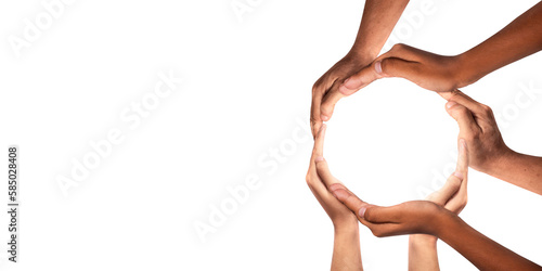 Conceptual symbol of multiracial human hands making a circle on transparent background. with a copy space in the middle. The concept of unity, cooperation, partnership, teamwork and charity. png file.