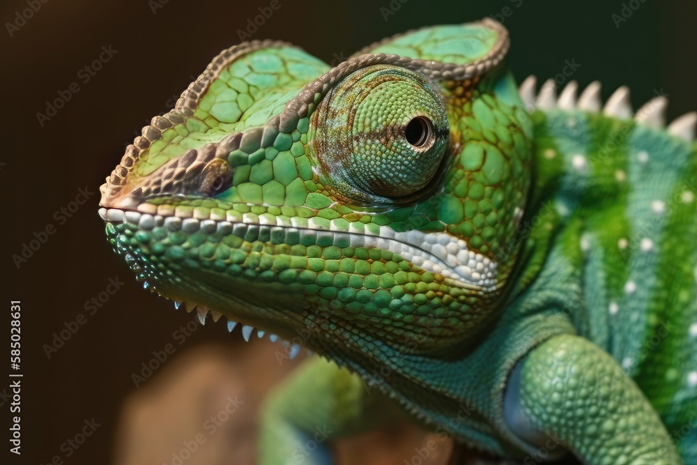 Green chameleon lizard close up. Tropical animal. Generative AI Green chameleon lizard close up. Tropical animal. Generative AI