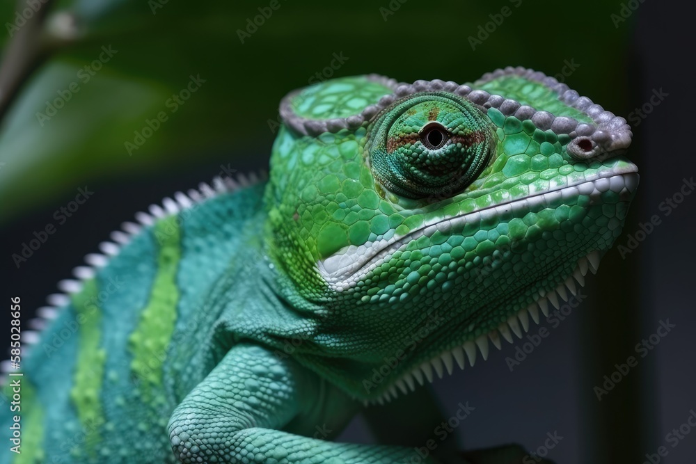 Green chameleon lizard close up. Tropical animal. Generative AI Green chameleon lizard close up. Tropical animal. Generative AI