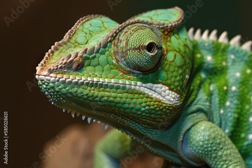 Green chameleon lizard close up. Tropical animal. Generative AI