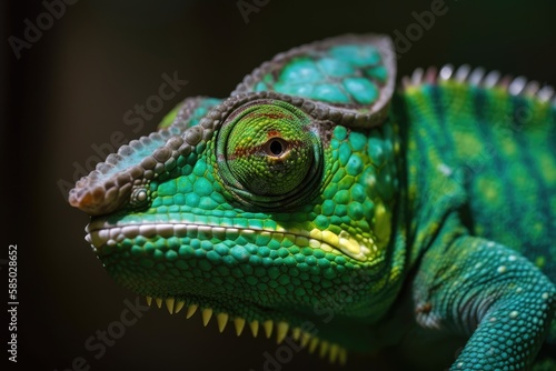 Green chameleon lizard close up. Tropical animal. Generative AI