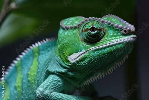 Green chameleon lizard close up. Tropical animal. Generative AI © Gelpi