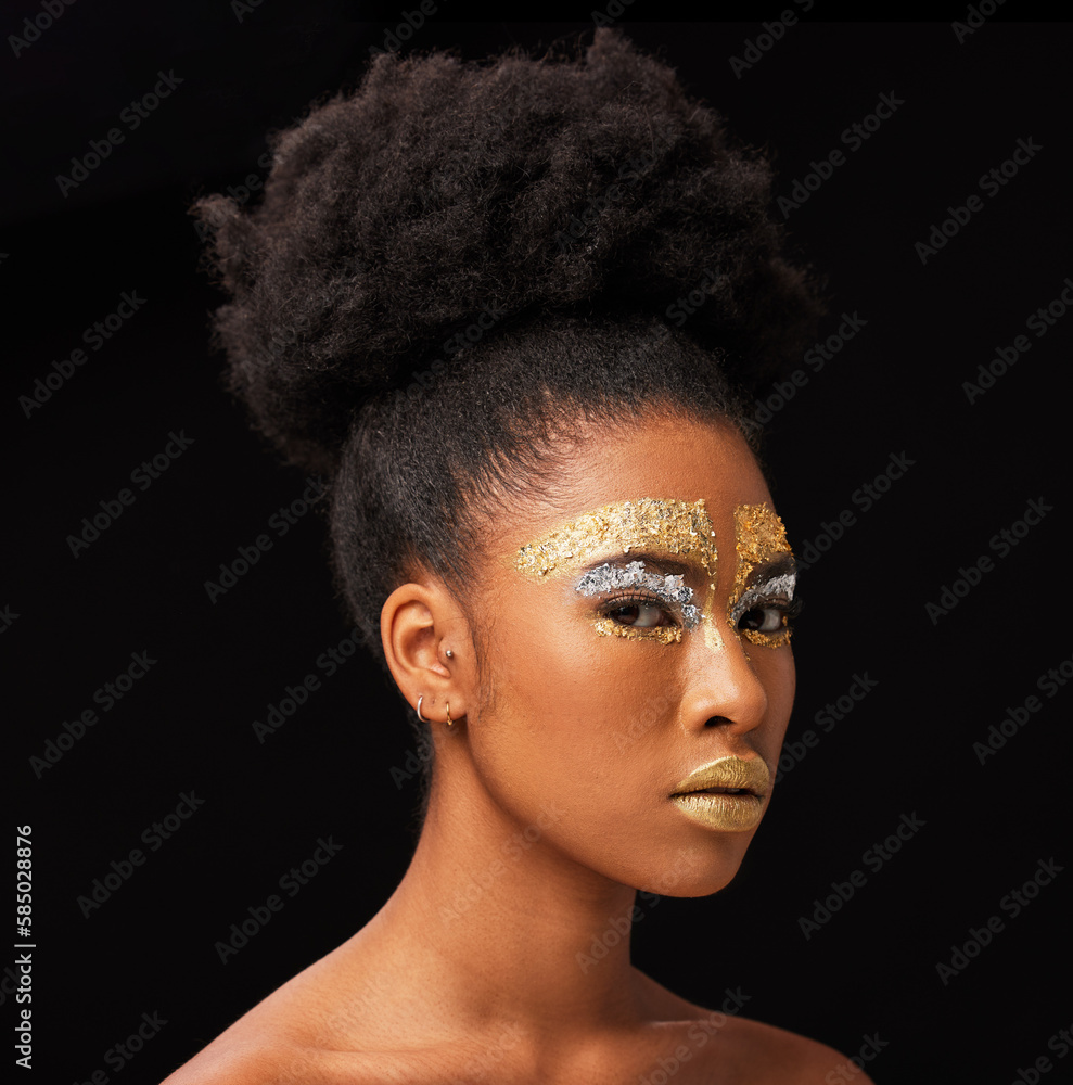 Beauty, gold and glamour with black woman and makeup in studio for luxury, cosmetics and African pride. Natural, creative and goddess with female model on background for queen, bronze and glitter Beauty, gold and glamour with black woman and makeup in studio for luxury, cosmetics and African pride. Natural, creative and goddess with female model on background for queen, bronze and glitter