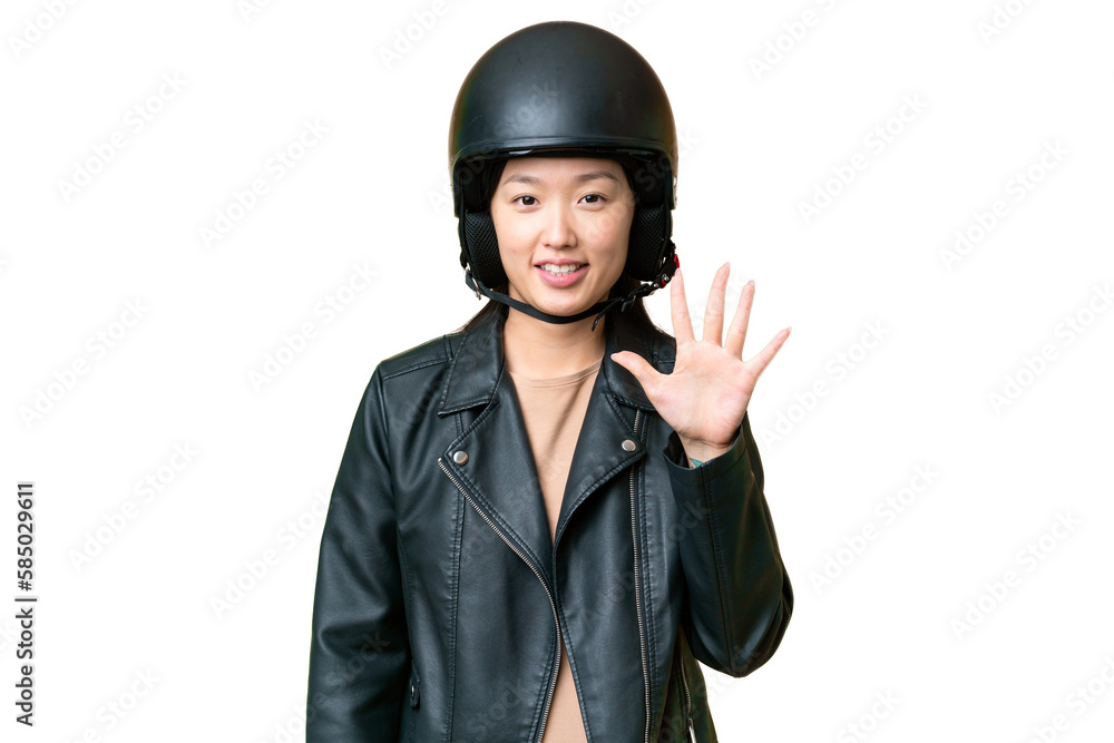 Young Asian woman with a motorcycle helmet over isolated chroma key background counting five with fingers Young Asian woman with a motorcycle helmet over isolated chroma key background counting five with fingers