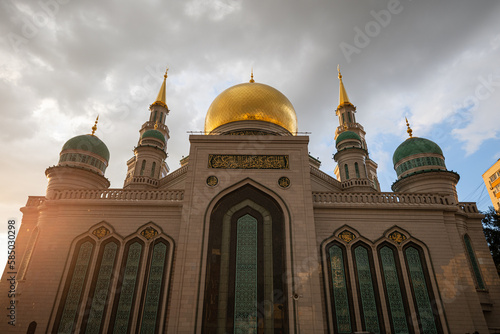Mosque in Moscow seen during sunny sunset of a rainy day photo