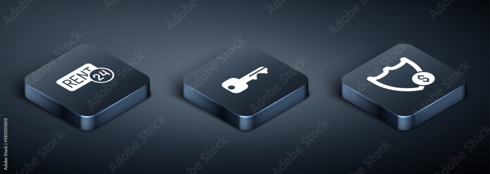Set Isometric Rent, Shield with dollar and House key icon. Vector Set Isometric Rent, Shield with dollar and House key icon. Vector