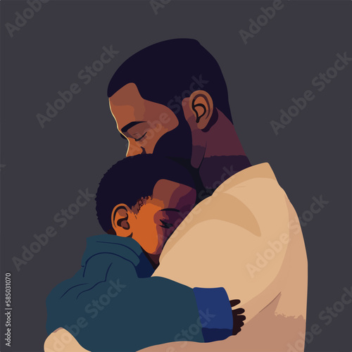 Black, dark-skinned father hugging his son. Concept for Happy father's day poster or card template design. Flat vector illustration. Generative AI
