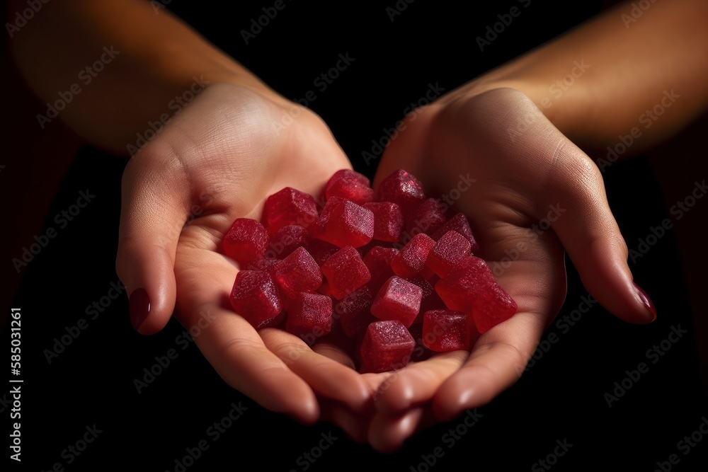 Raspberry candies in the hands of a woman Raspberry candies in the hands of a woman