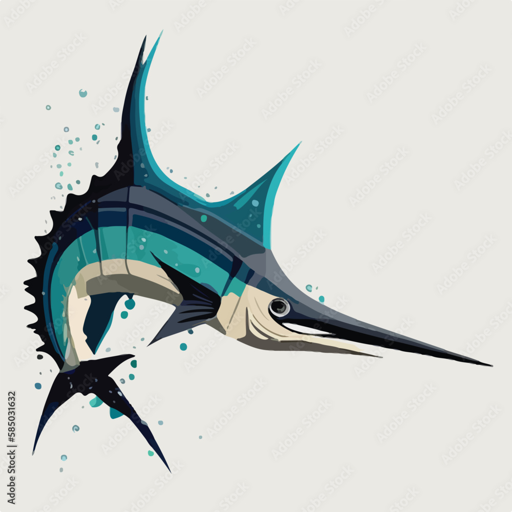 Swordfish in pelagic zone. Underwater fish and sea creatures in natural habitat. Flat vector