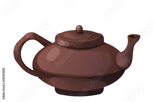 Japanese kettle, teapot traditional ceramic in cartoon style isolated on white background. 