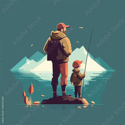 Father and child fishing together in a beautiful mountain landscape. Concept for Happy father's day poster or card template design. Flat vector illustration. Generative AI