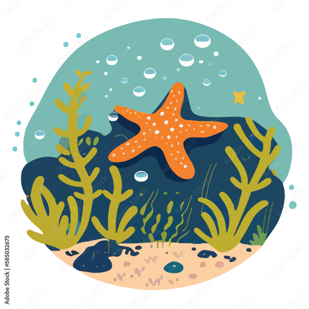 Starfish in tide pool. Underwater fish and sea creatures in natural habitat. Flat vector illustration concept Starfish in tide pool. Underwater fish and sea creatures in natural habitat. Flat vector illustration concept