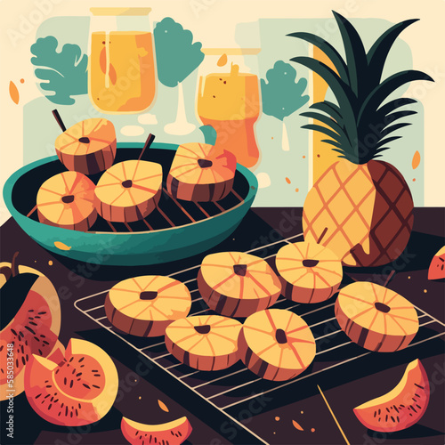 Grilled peaches and pineapple. Fruit summer barbecue. Vegetarian fruity American BBQ. Flat vector illustration concept. Generative AI
