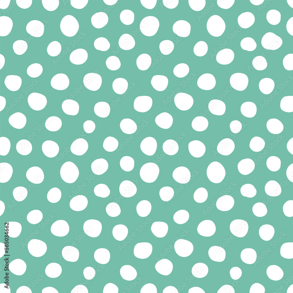 Green seamless pattern with white hand drawn spots