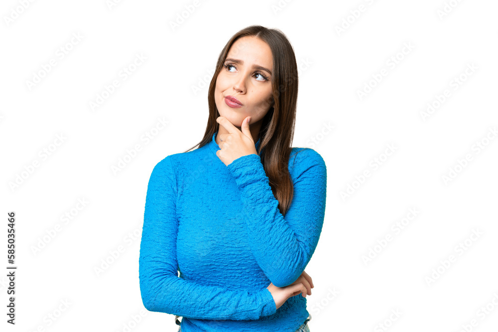 Young beautiful woman over isolated chroma key background having doubts Young beautiful woman over isolated chroma key background having doubts