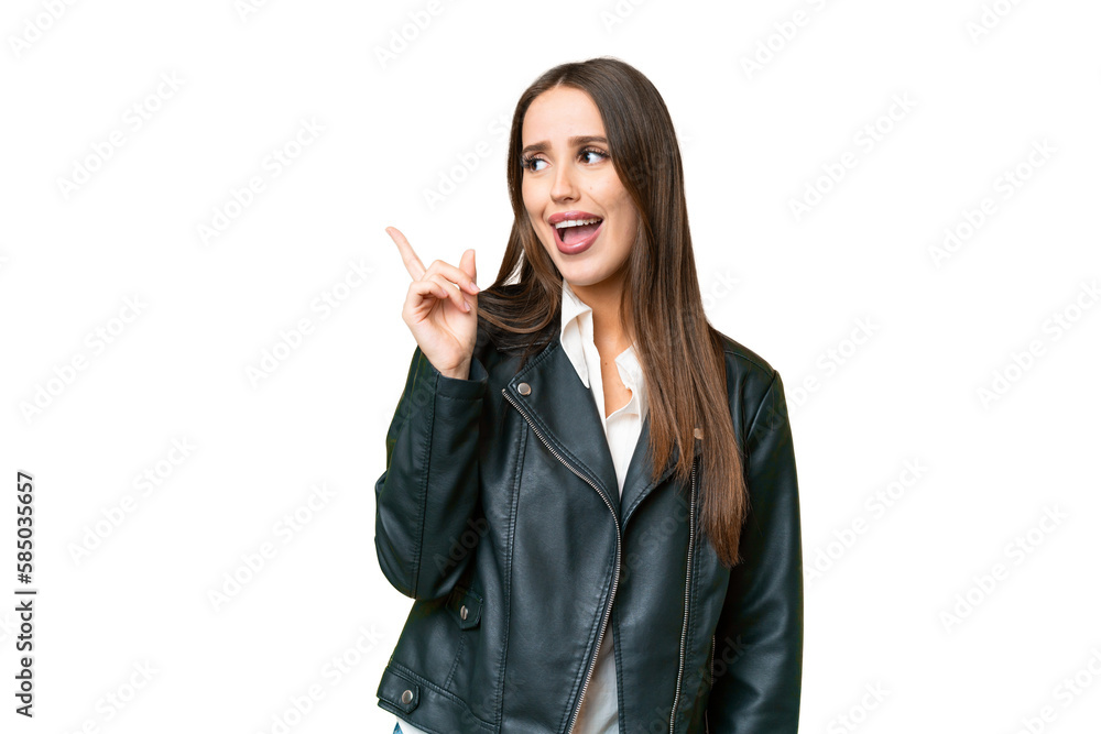 Young beautiful woman over isolated chroma key background intending to realizes the solution while lifting a finger up Young beautiful woman over isolated chroma key background intending to realizes the solution while lifting a finger up