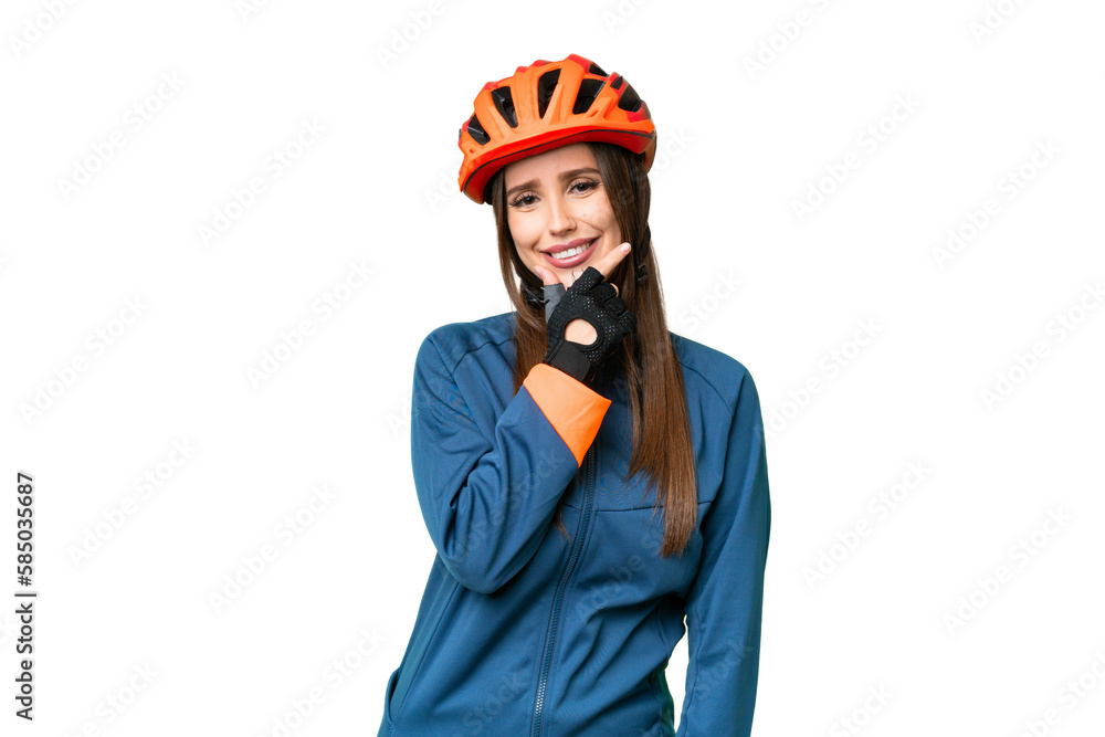 Young cyclist woman over isolated chroma key background smiling - obrazy, fototapety, plakaty 