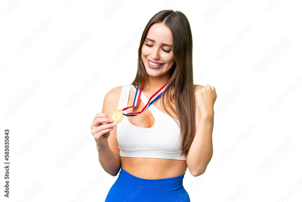 Young beautiful woman with medals over isolated chroma key background celebrating a victory Young beautiful woman with medals over isolated chroma key background celebrating a victory