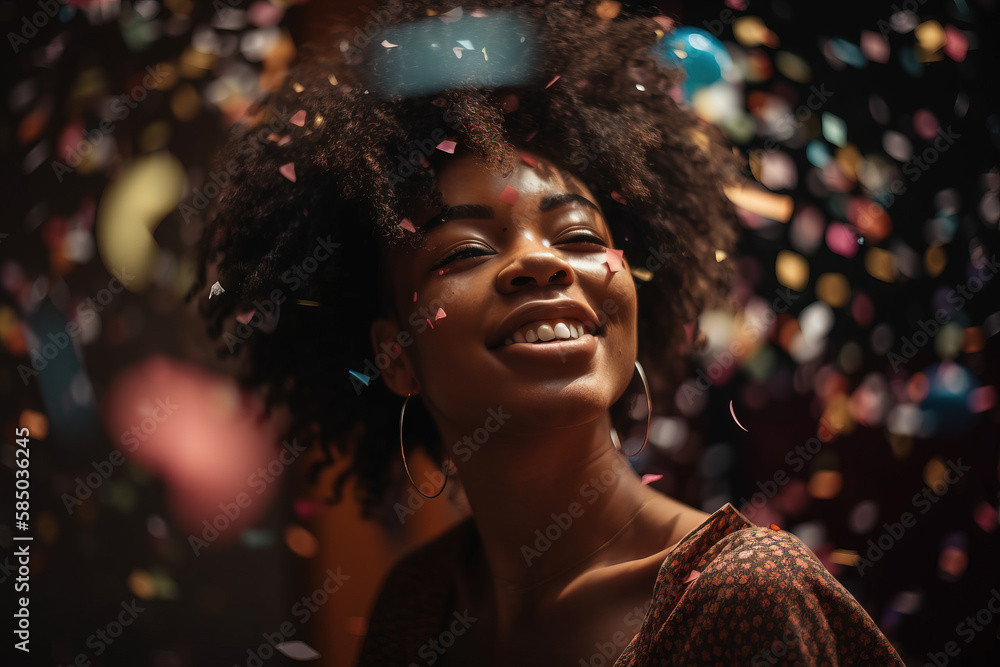 Celebrating happiness, young afro american woman dancing with big smile throwing confetti. Party, holidays and birthday concept. Generative AI Celebrating happiness, young afro american woman dancing with big smile throwing confetti. Party, holidays and birthday concept. Generative AI