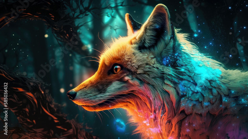 Fox's Ethereal Odyssey: A Glowing Galaxy Stalker in Astral Forest - Generative AI © AstralAngel