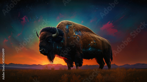 A luminescent, cosmic bison, its massive form silhouetted against a vivid interstellar sunset - Generative AI