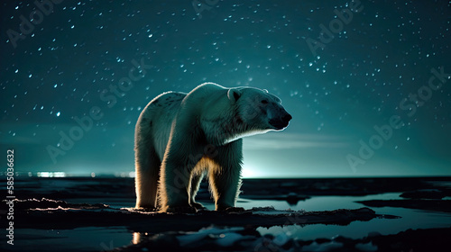 Polar Bear s Cosmic Wander  Radiant Aurora Reflections on Ice - Generative AI