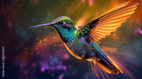Radiant Hummingbird Iridescent Flight in Solar Flare Skies - Generative AI © AstralAngel