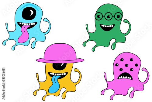 Psychedelic monsters. Modern sticker with slime. Funny alien faces with eyes and flowing texture. Crazy vector illustration in 90s style.