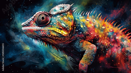 A radiant  multicolored chameleon with skin patterned like a swirling cosmic storm  clinging to a glowing asteroid - Generative AI