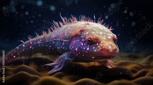 A radiant, interstellar axolotl, its feathery gills adorned with starry patterns, floating in a cosmic freshwater pond - Generative AI