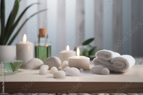Beauty treatment items for spa procedures on a white wooden table. massage stones  essential oils  and sea salt. generative ai